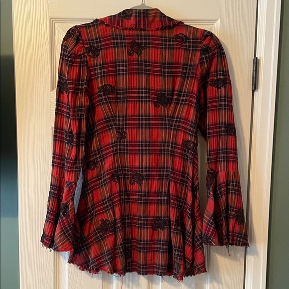 Free People Ezra Embroidered Red Plaid Bell Sleeve Top - Picture 4 of 8